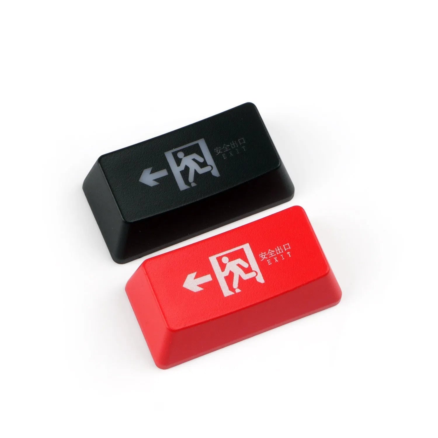 Transparent mechanical keyboard key cap with raised safety evacuation exit text