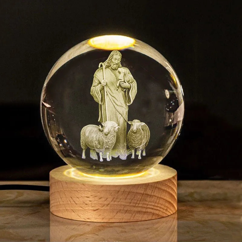 White crystal ball church desk ornament lamp with solid wood warm light base