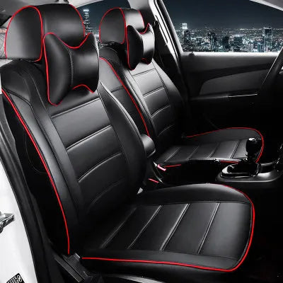 Genuine leather car seat cover in beige and black colour options with red stitching details