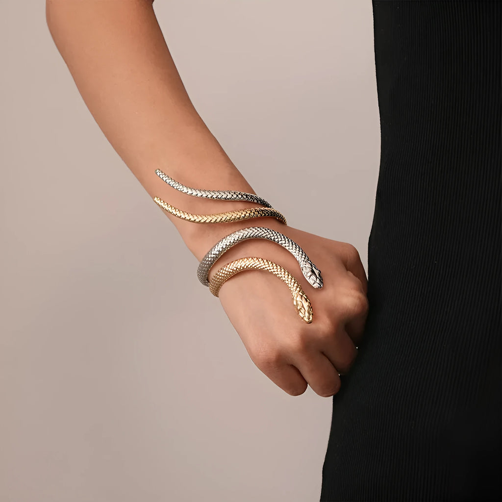 Gold electroplated snake design ring and bracelet set with exaggerated twisted winding pattern