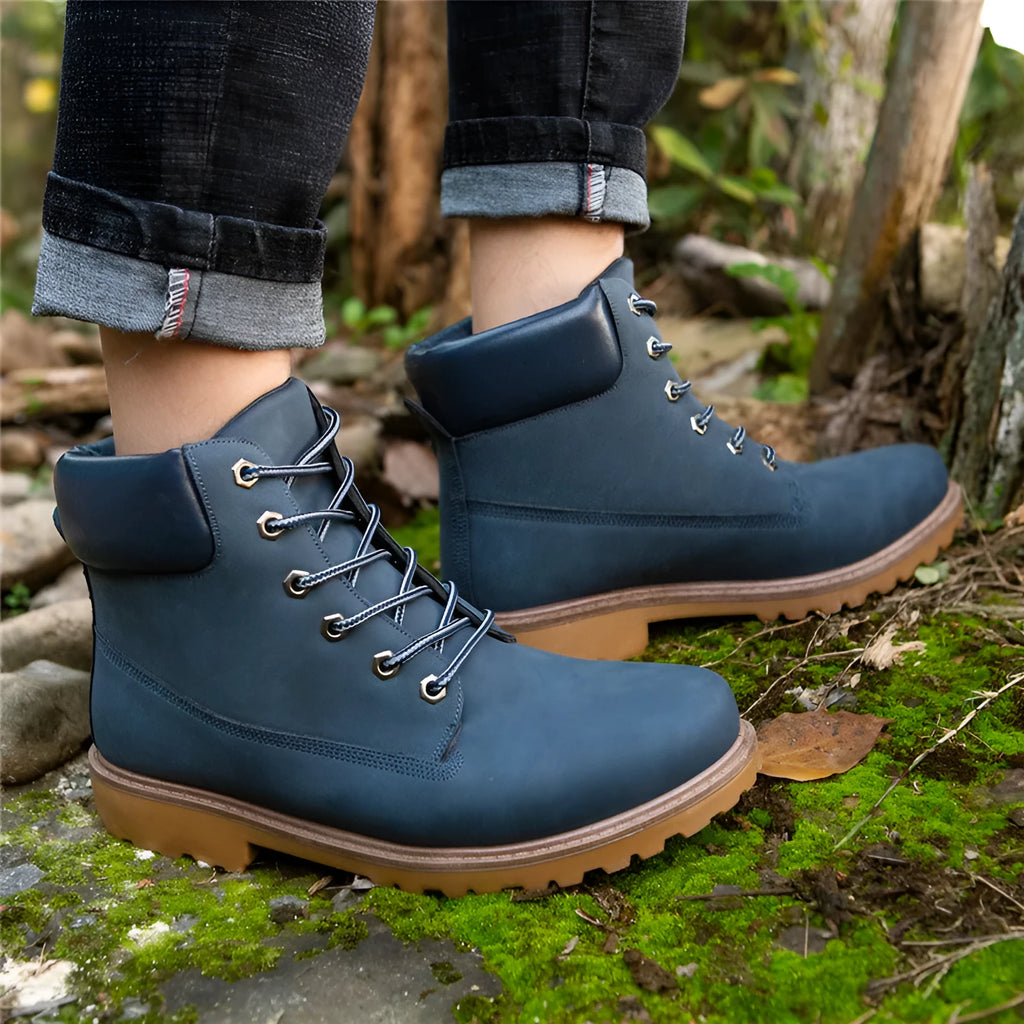 Men's pink Martin boots with velvet lining, flat bottom and lace-up front design