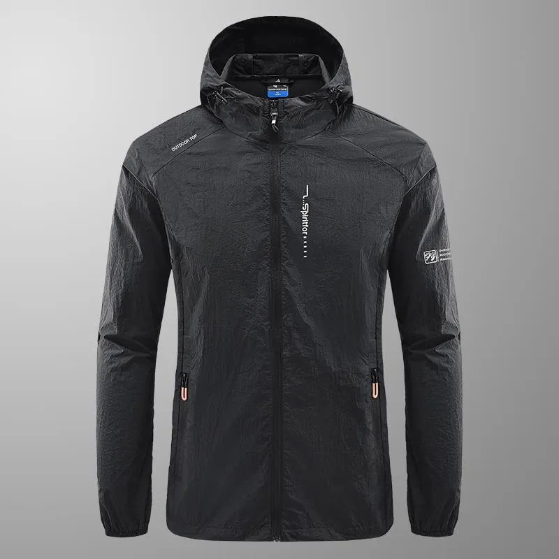 Men's lightweight nylon hooded summer jacket in loose fitting style for outdoor sun protection