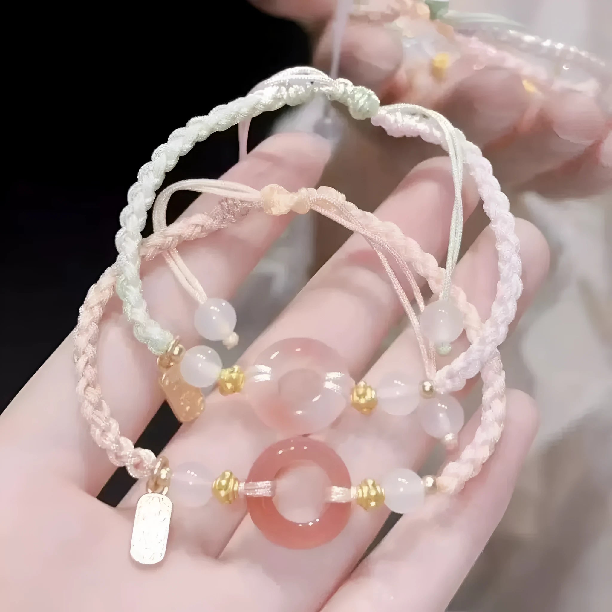 DIY woven watch band bracelet with peace buckle in peach blossom colours green pink black