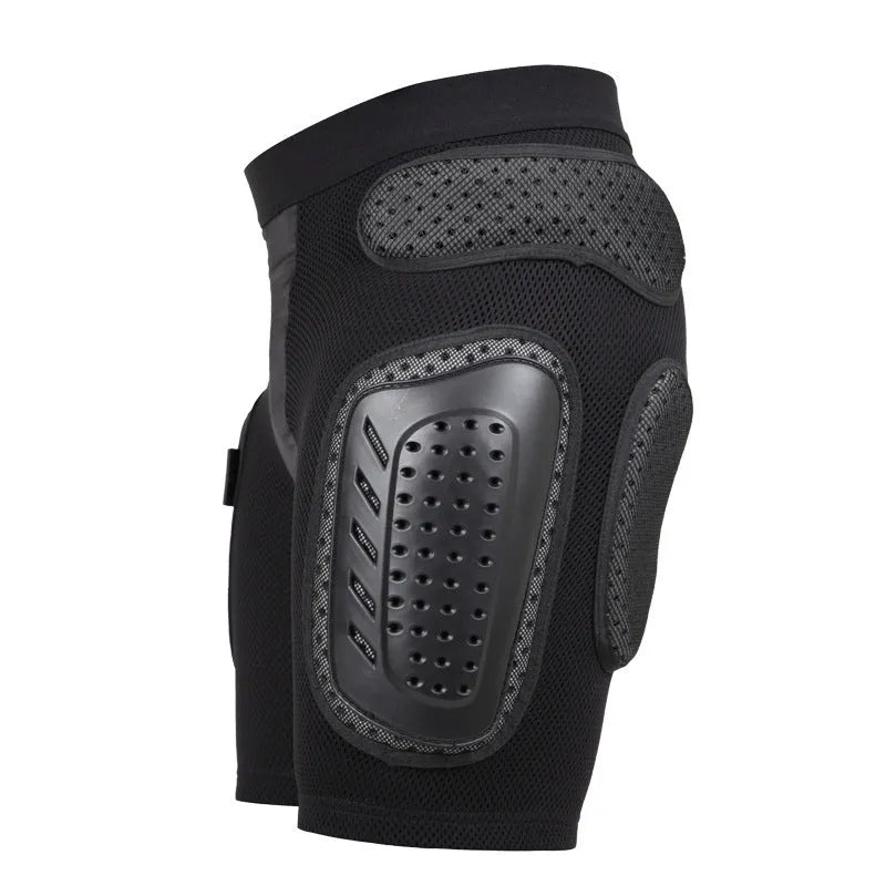A pair of black cycling hip pad protective pants for sports, showing the integrated hip protection area.