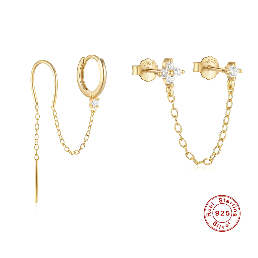 S925 sterling silver ear clip studs with flower, tassel and chain design in golden electroplated finish
