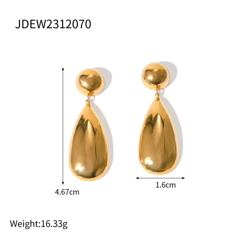 Gold-coloured stainless steel earrings with geometric water drop pendant and hemisphere design