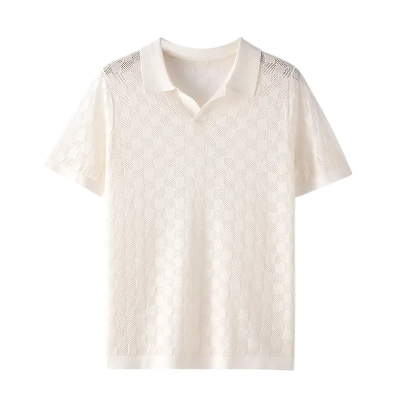 Man wearing a short sleeve lapels sweater in mulberry silk, business casual style