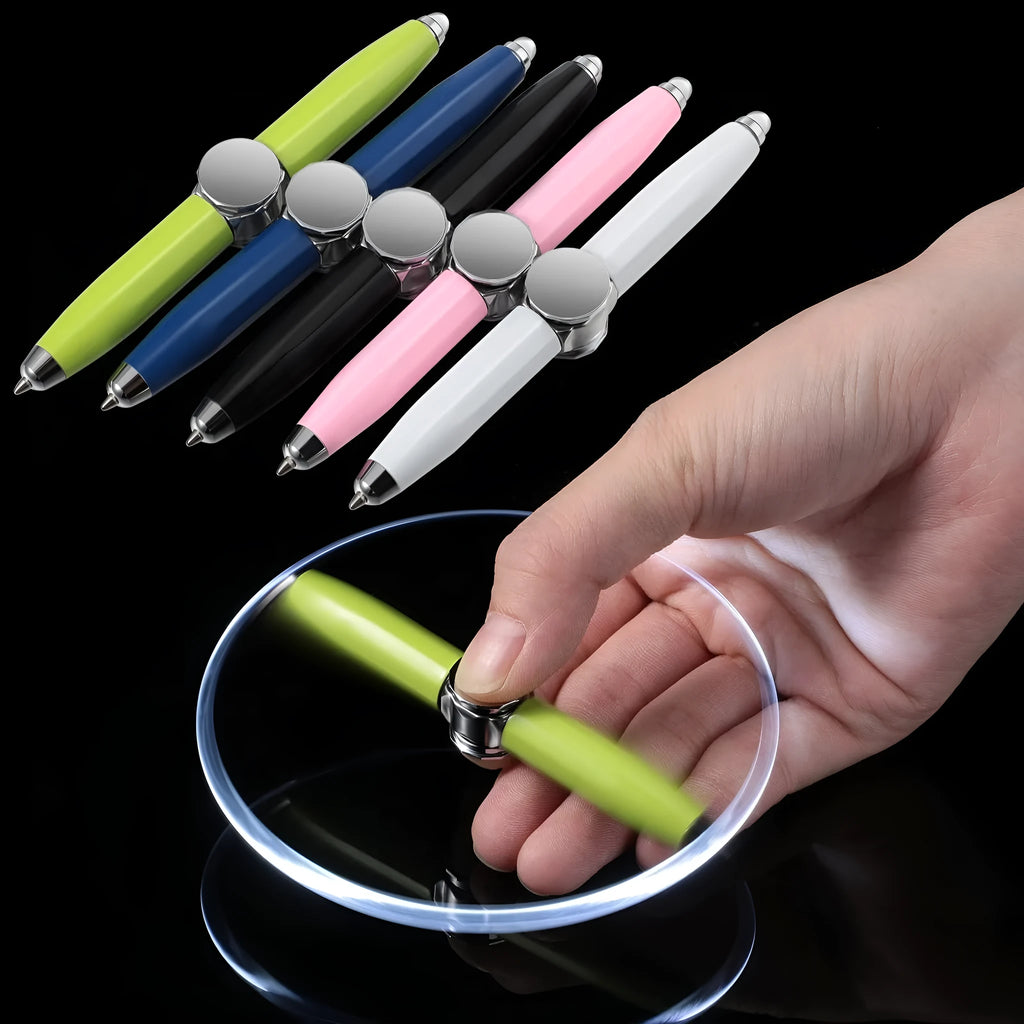 Metal ballpoint pen with spinning decompression gyro mechanism showing 12 ink colour options