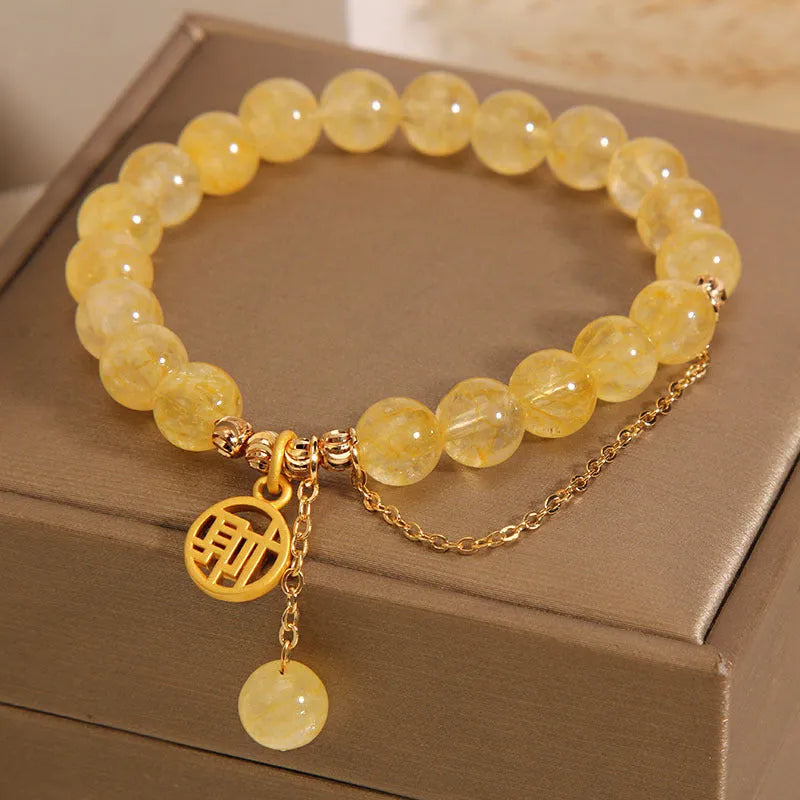 Natural citrine stone bracelet with Chinese fu character charm and adjustable brass chain