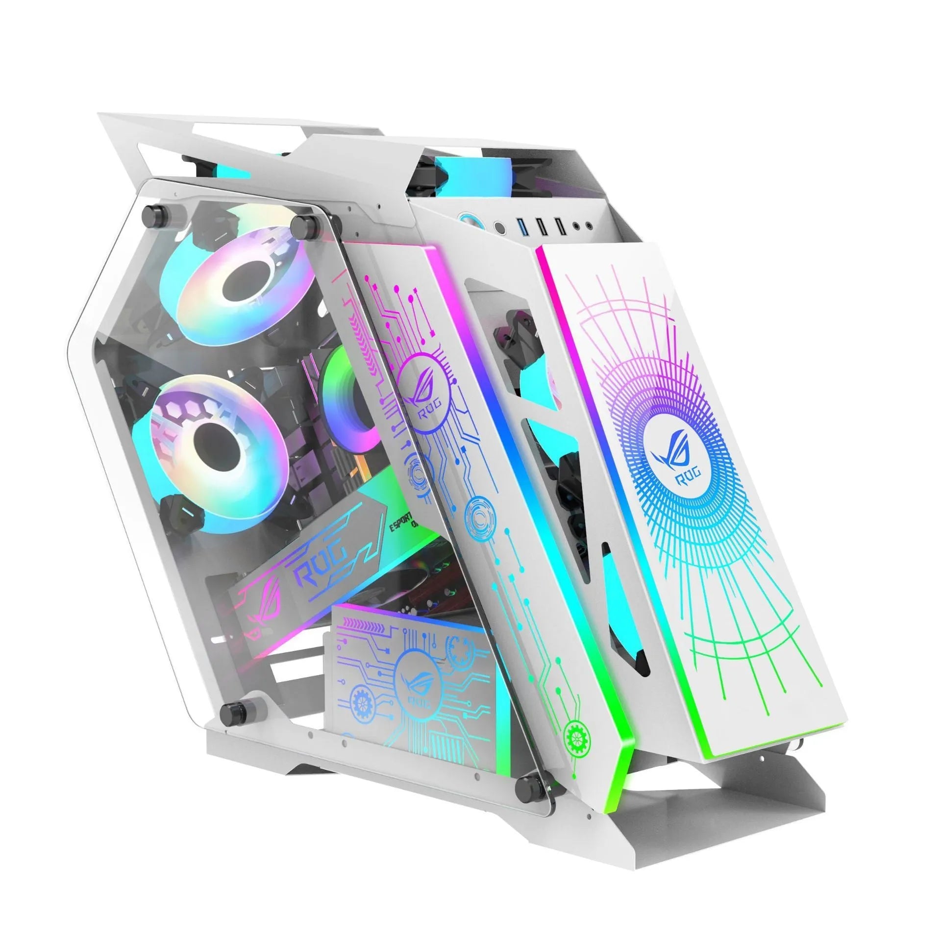 Table-type e-sports computer case metal chassis with RGB fan lighting on a desk