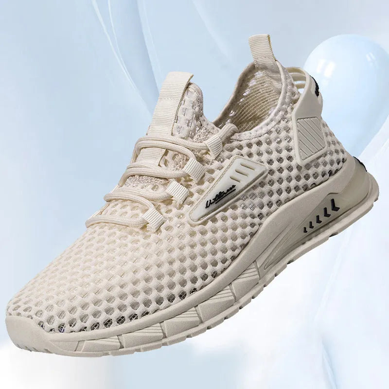 Men's beige casual sneakers with mesh lining and lace-up front on a white background