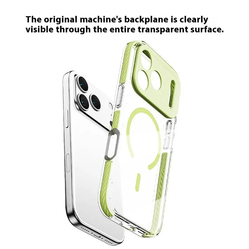 Three-in-one drop-resistant transparent protective case for iPhone with magnetic suction, in candy green colour, showing TPU bumper and PC back