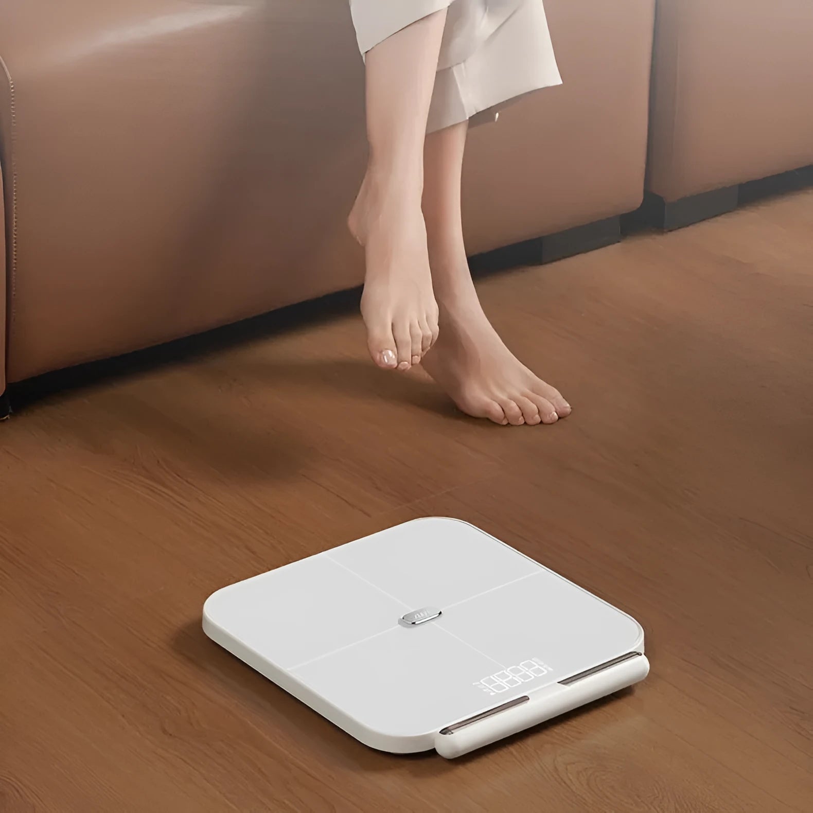White professional body fat scale with 8 electrodes, LED display, and USB charging port