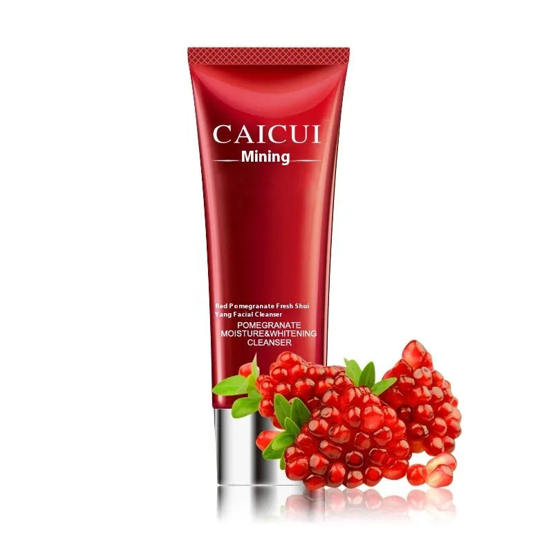 Pomegranate skincare set with four red bottles: cleanser, toner, lotion, and facial cream