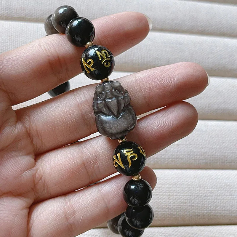 Natural Silver Stone bracelet for men with beaded design, Chinese-style zodiac elements, and proverb inscription