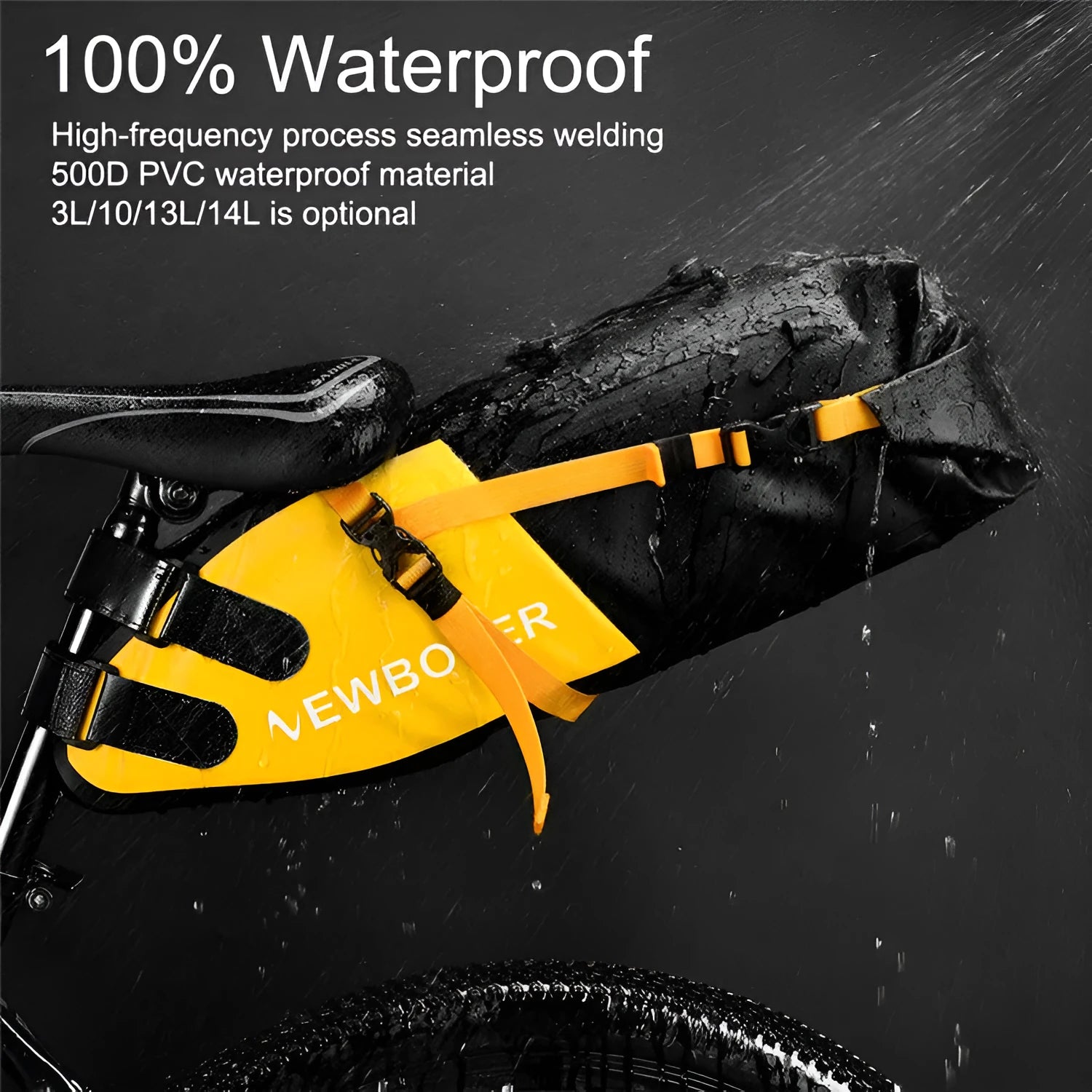 Waterproof 13 litre bicycle tail bag in black, green or yellow colours with PVC construction