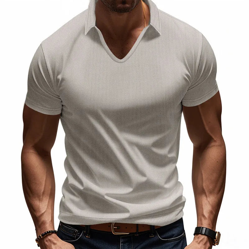 Men's loose light grey V-neck short sleeve casual cotton blend T-shirt laid flat