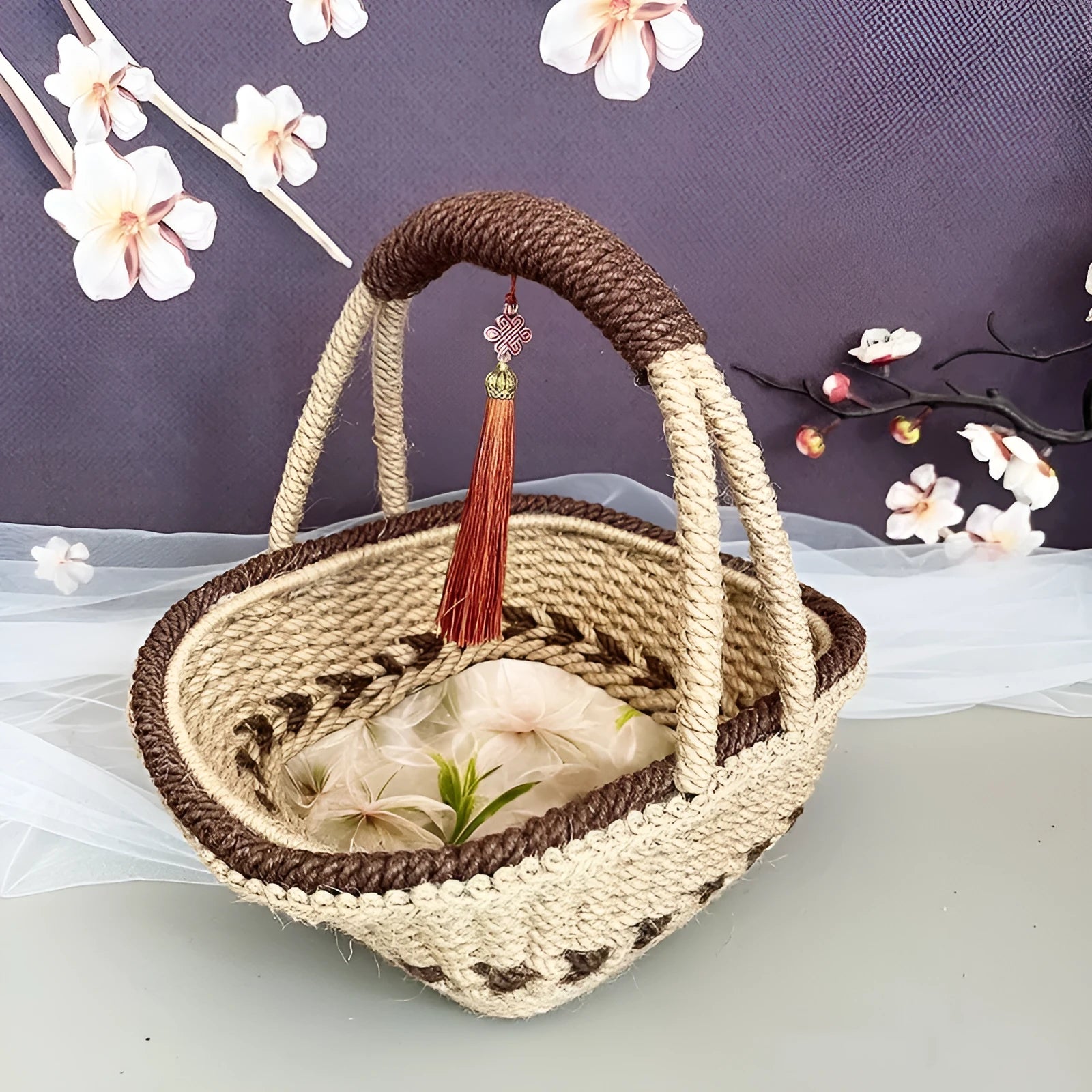 Hand-woven hemp rope basket in natural straw measuring 19cm by 12cm in coffee brown colour
