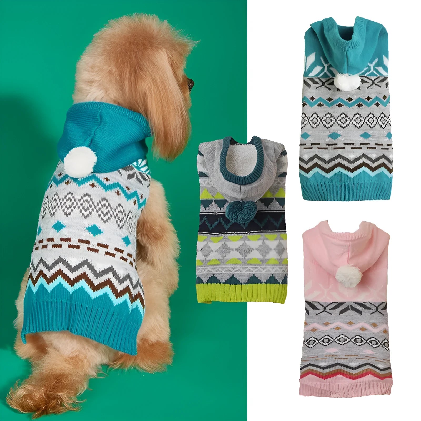 Green pet sweater with diamond pattern on small dog showing acrylic knit texture and sizing