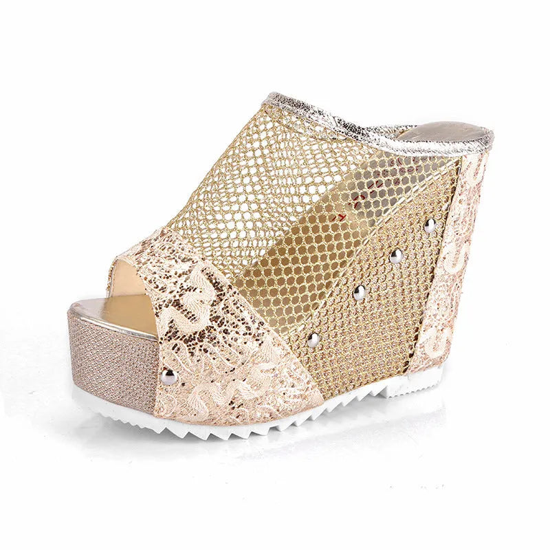 Korean platform flip-flops with a hollowed-out heel, chunky platform, and lace-up mesh upper in metallic colours.