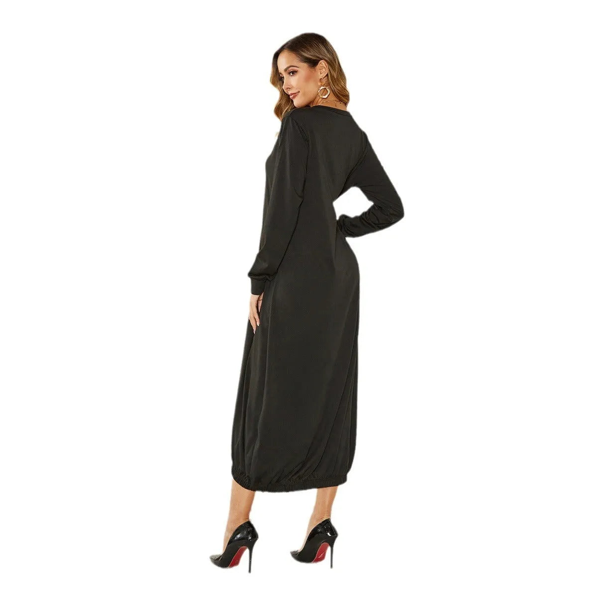 Black lantern dress with lace-up crew neck and loose long silhouette in Japanese Korean casual style