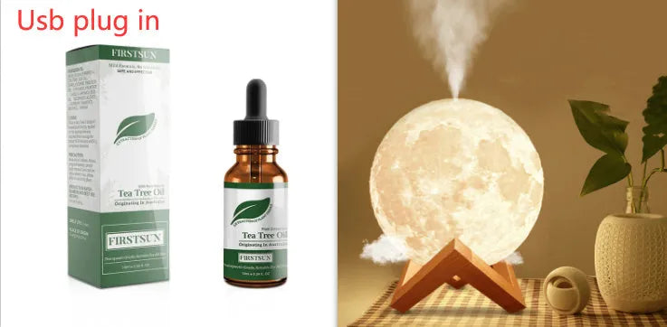 Spherical moon humidifier with LED night light on a bedside table, showing USB charging cable
