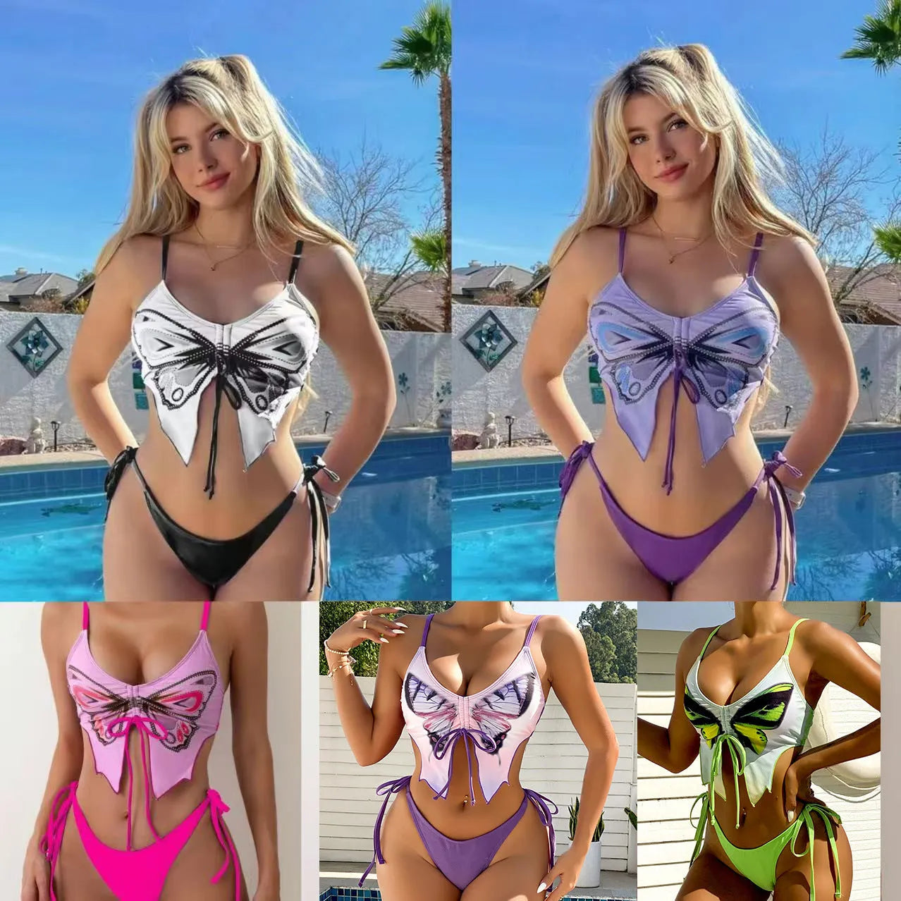 Women's purple bikini suit with bow ins style detail on a split design, made from polyester fabric.