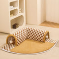 Plush plaid cat tunnel bed with central mat in brown colour, showing collapsible tunnel and non-slip bottom