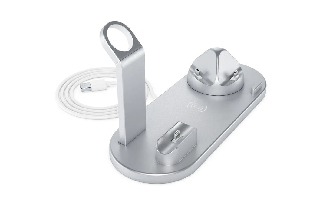 Six-in-one vertical wireless phone charging bracket on a desk in black colour with USB cable
