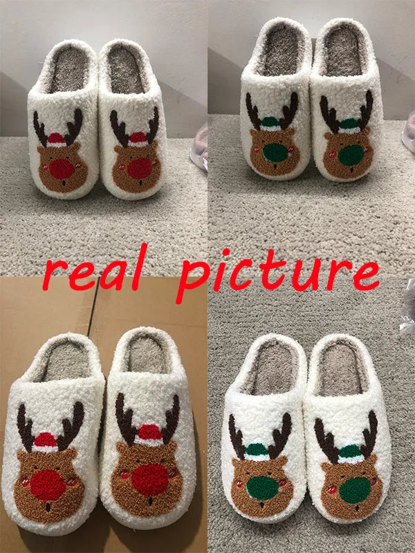 Pair of red Christmas elk plush home slippers on floor, soft anti-slip shoe design
