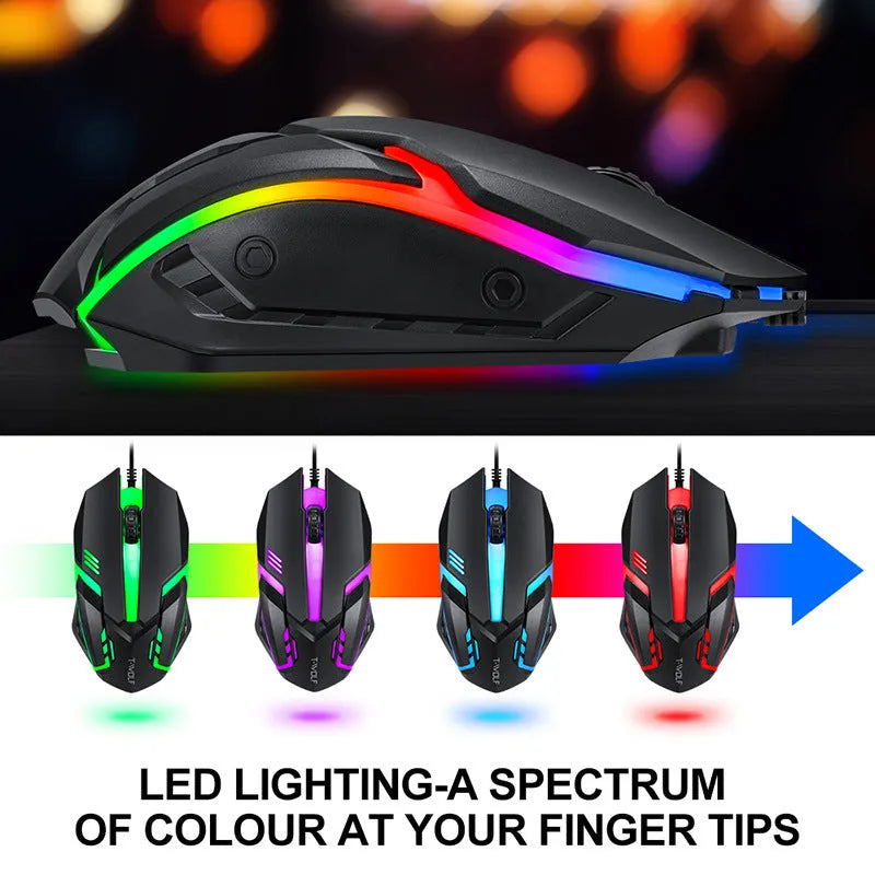 Wired gaming keyboard and mouse set with RGB lighting, headset, and large mouse pad