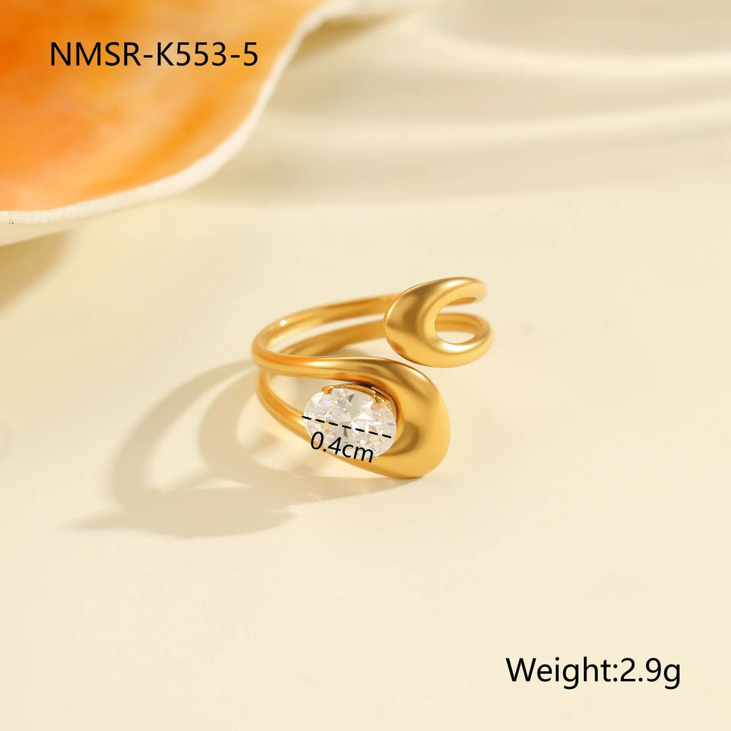 Adjustable geometric stainless steel ring with zircon stones in electroplated finish