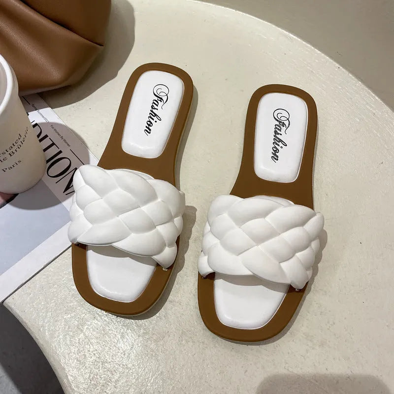 Women's plaid pattern beach sandals with thick anti-skid PVC sole, shown in white, green, orange, and black colours.