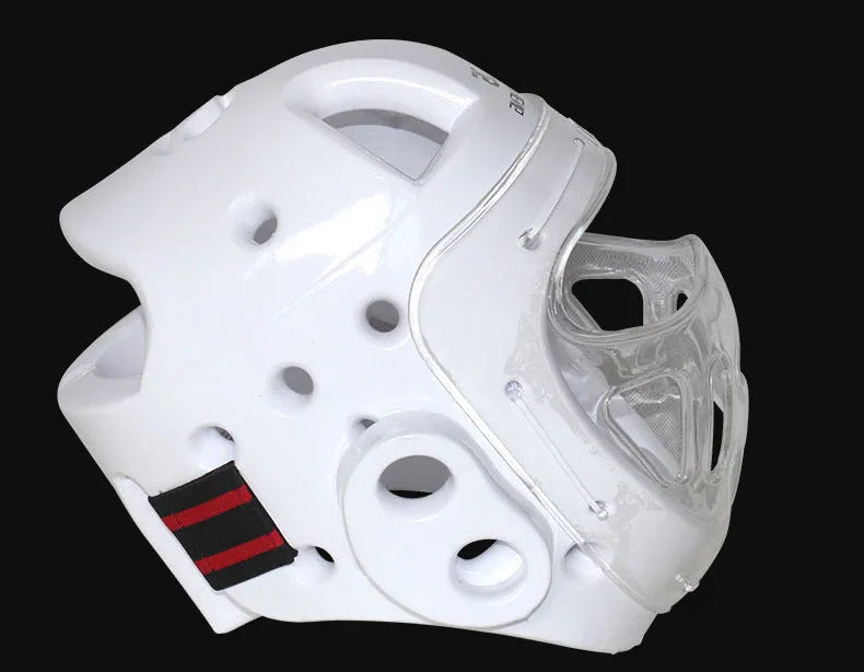 Karate protective helmet in white, blue, or red colour available in S, M, L, XL sizes for martial arts training