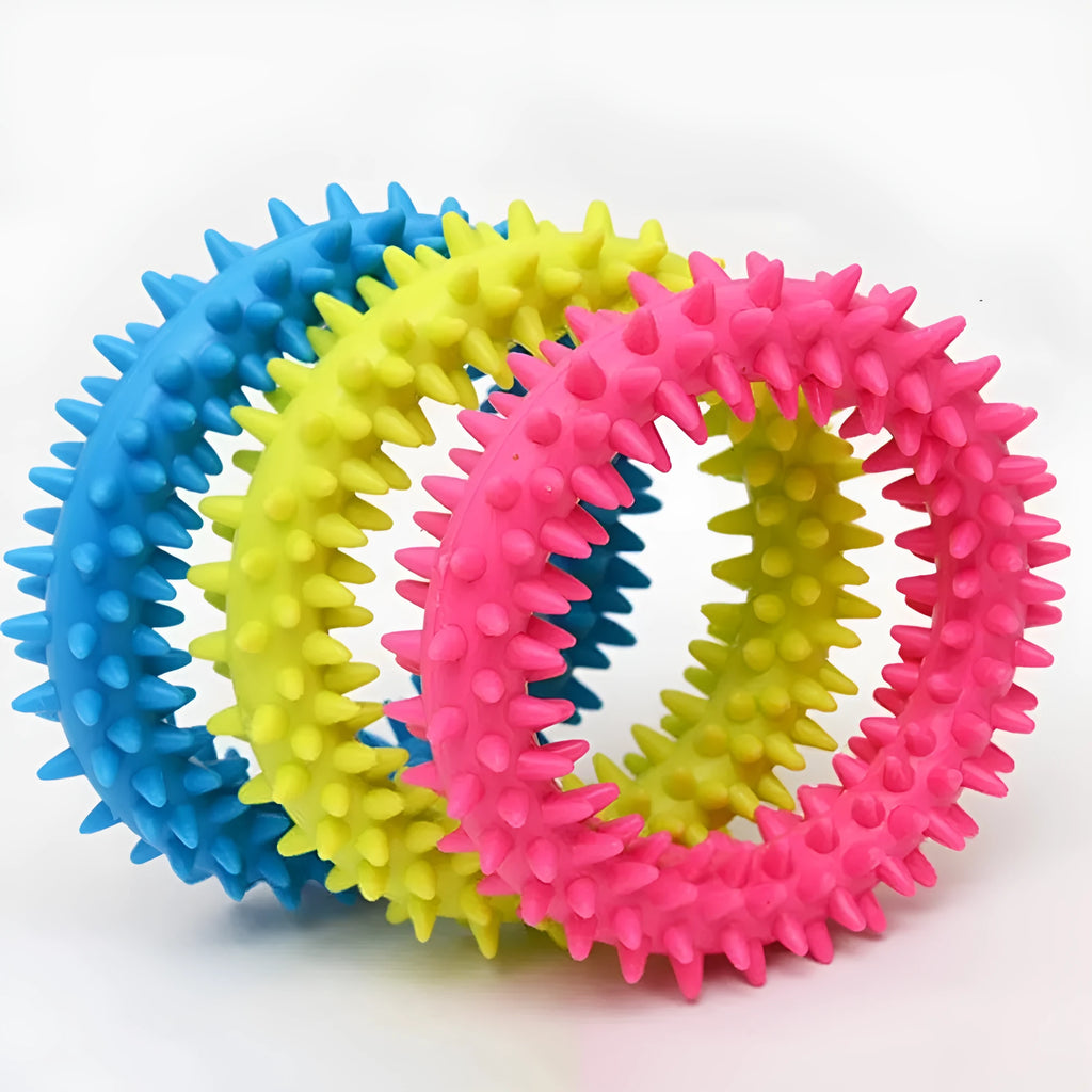 TPR spiky circle ring dog chew toy in selected colour, 9.5cm diameter