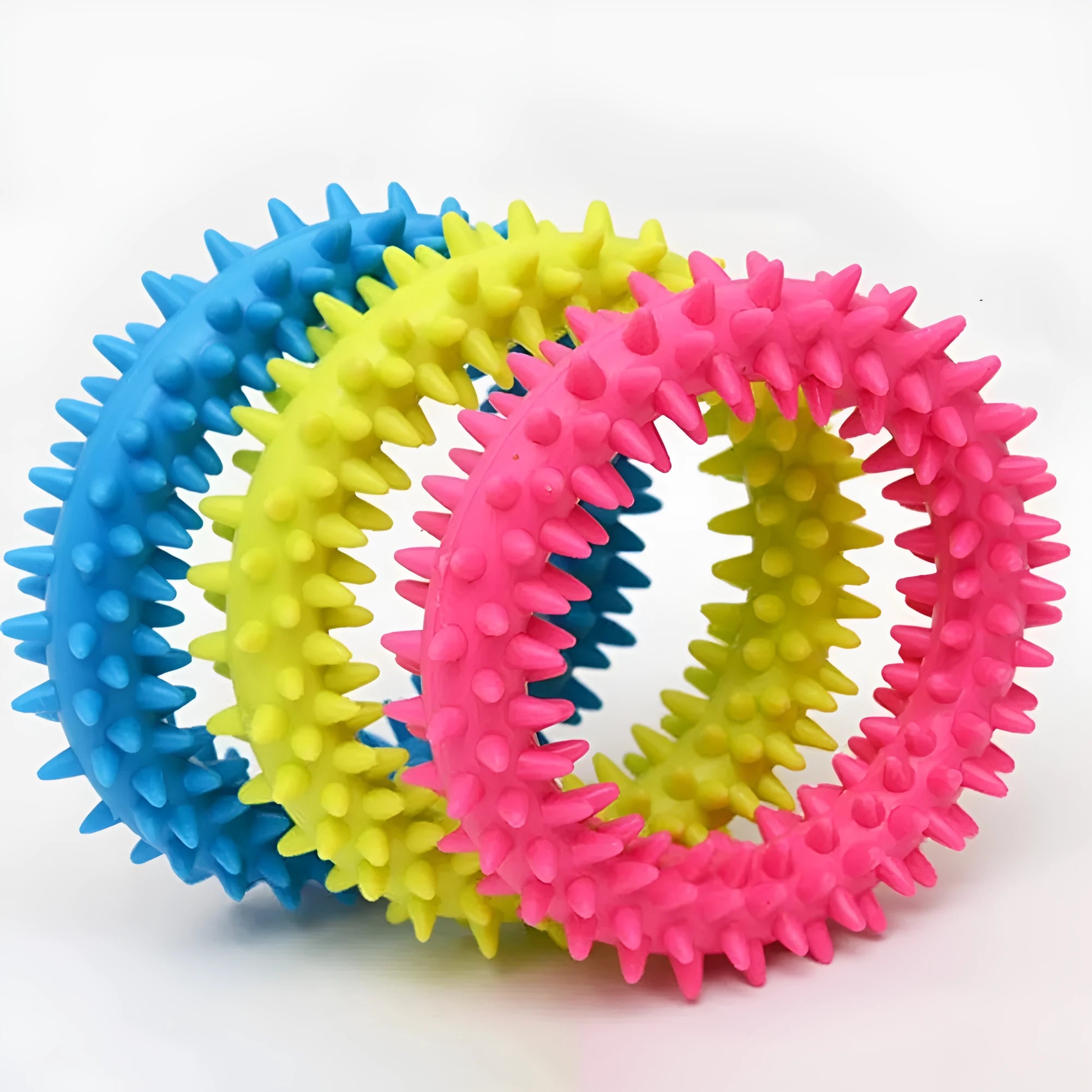 TPR spiky circle ring dog chew toy in selected colour, 9.5cm diameter