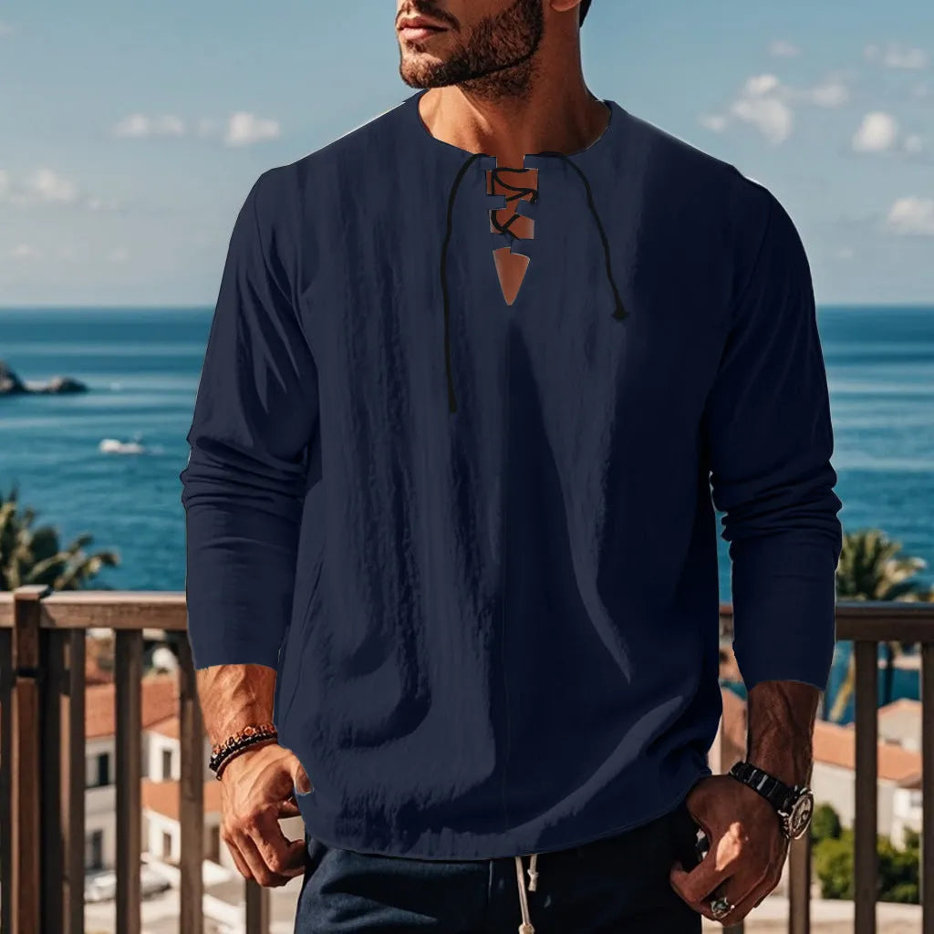 Cotton linen blend solid colour beach shirt in loose pullover style