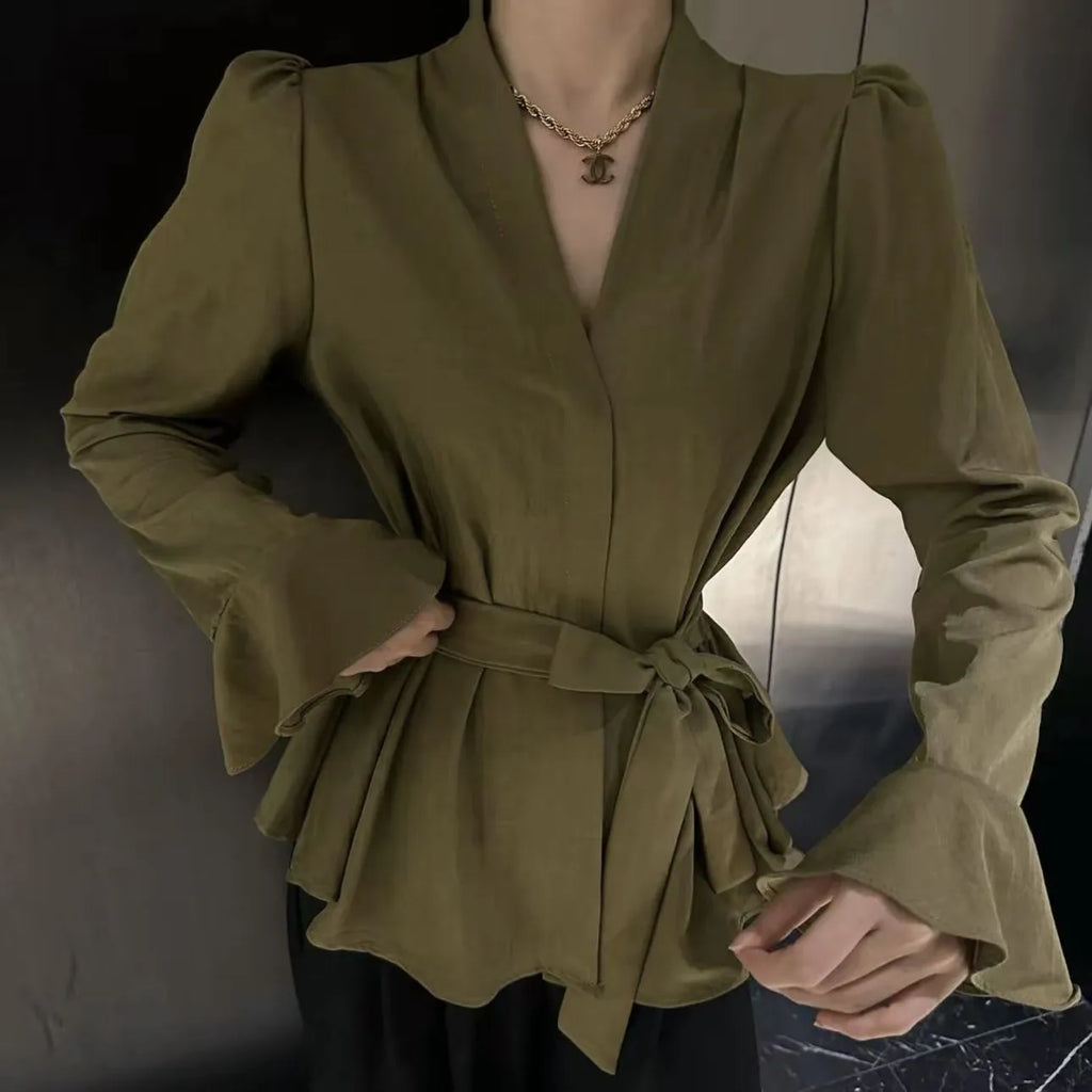 Women's French-style long sleeve shirt with irregular collar and bell sleeves in wine red.