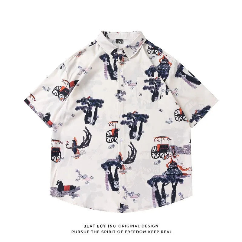 Full printed floral pattern on a loose fit short sleeve cardigan shirt in polyester.