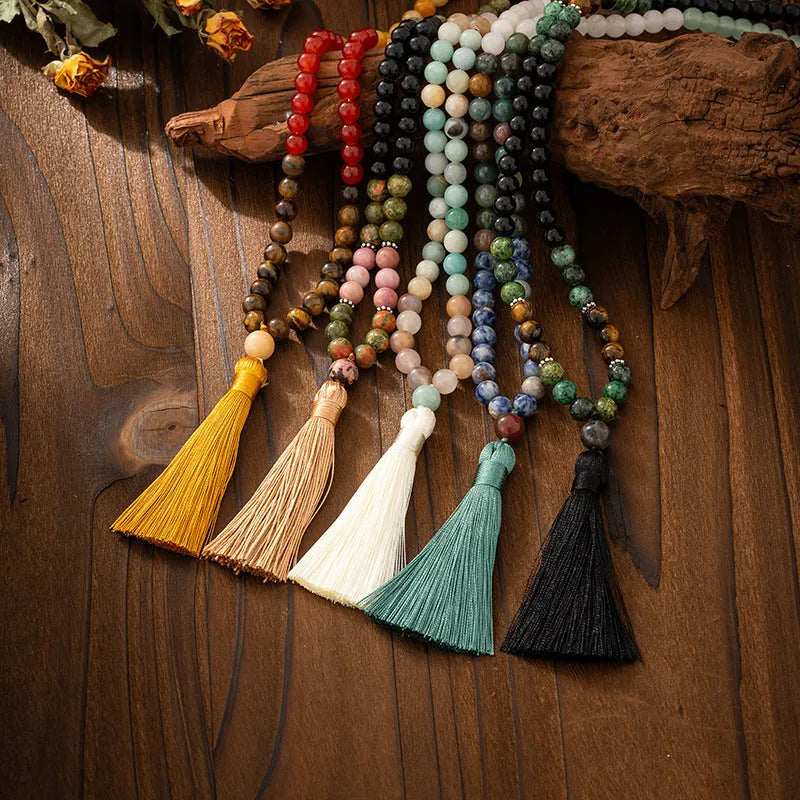 Bohemian vintage necklace and bracelet set with geometric round stone beads in electroplated finish