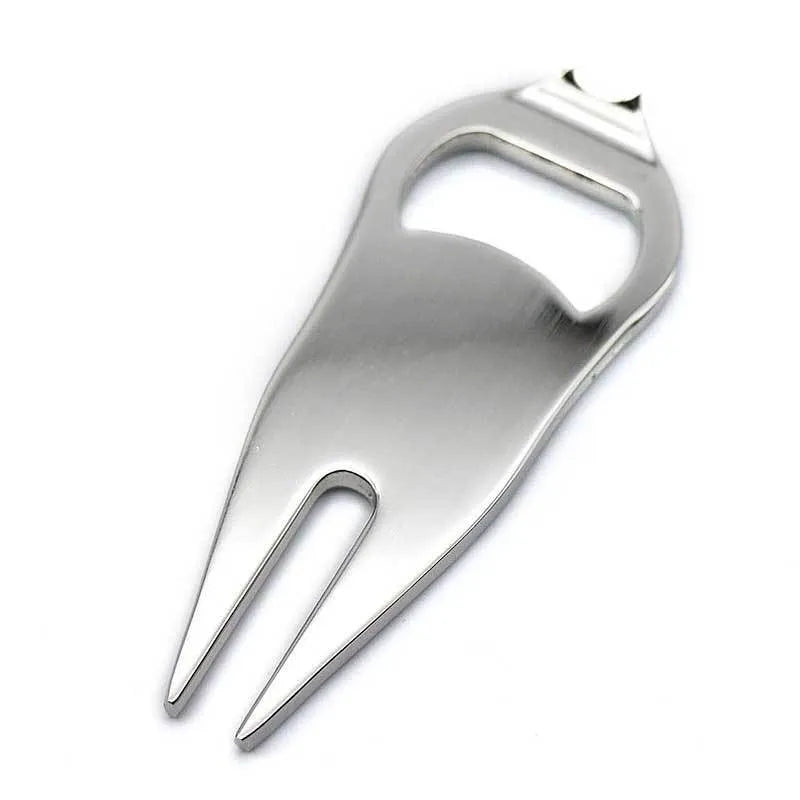 Zinc alloy golf ball fork bottle opener with ball marking yoke measuring 88mm x 35mm