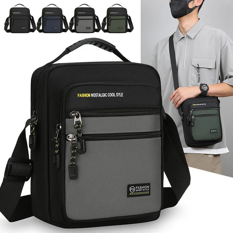 Men's nylon crossbody bag in solid colour with multiple pockets and adjustable shoulder strap