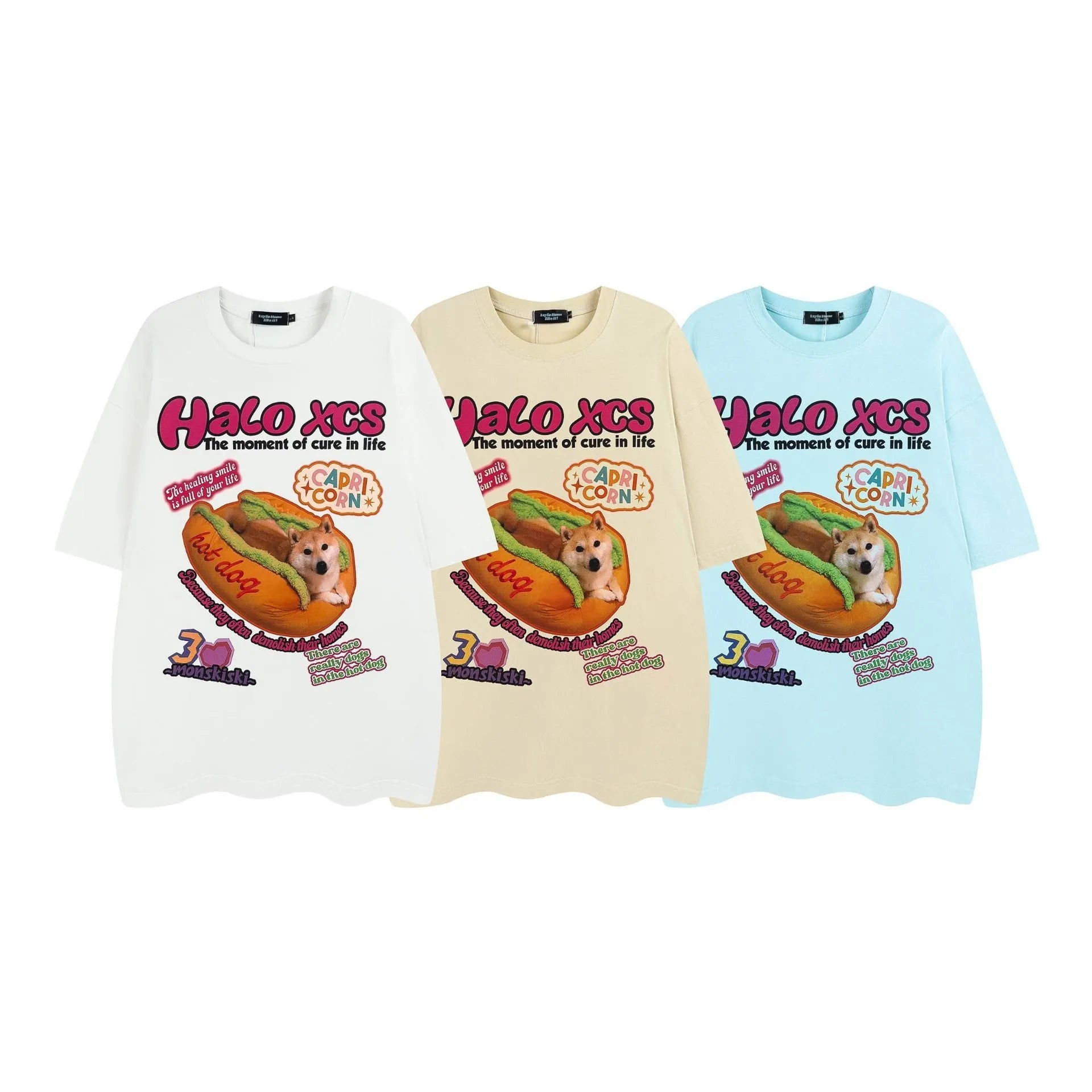 Cartoon hamburger dog printed loose-fit cotton t-shirt in apricot on a model.