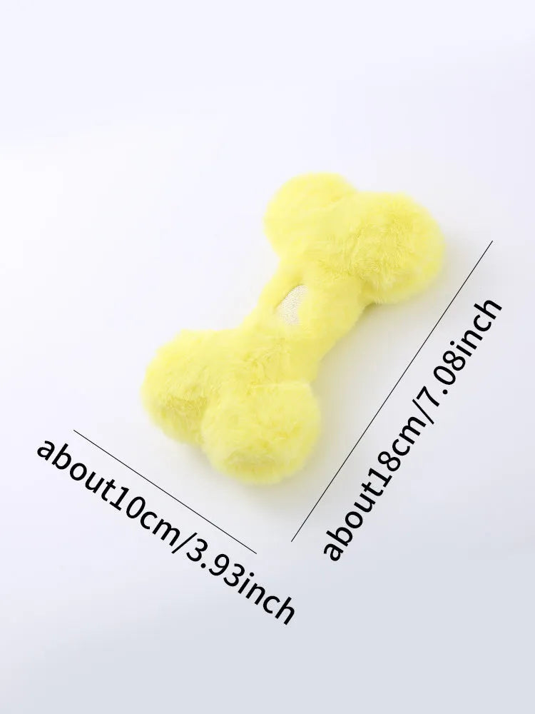 Plush bone-shaped dog toy in blue, pink or yellow with a squeaker for interactive chewing play.