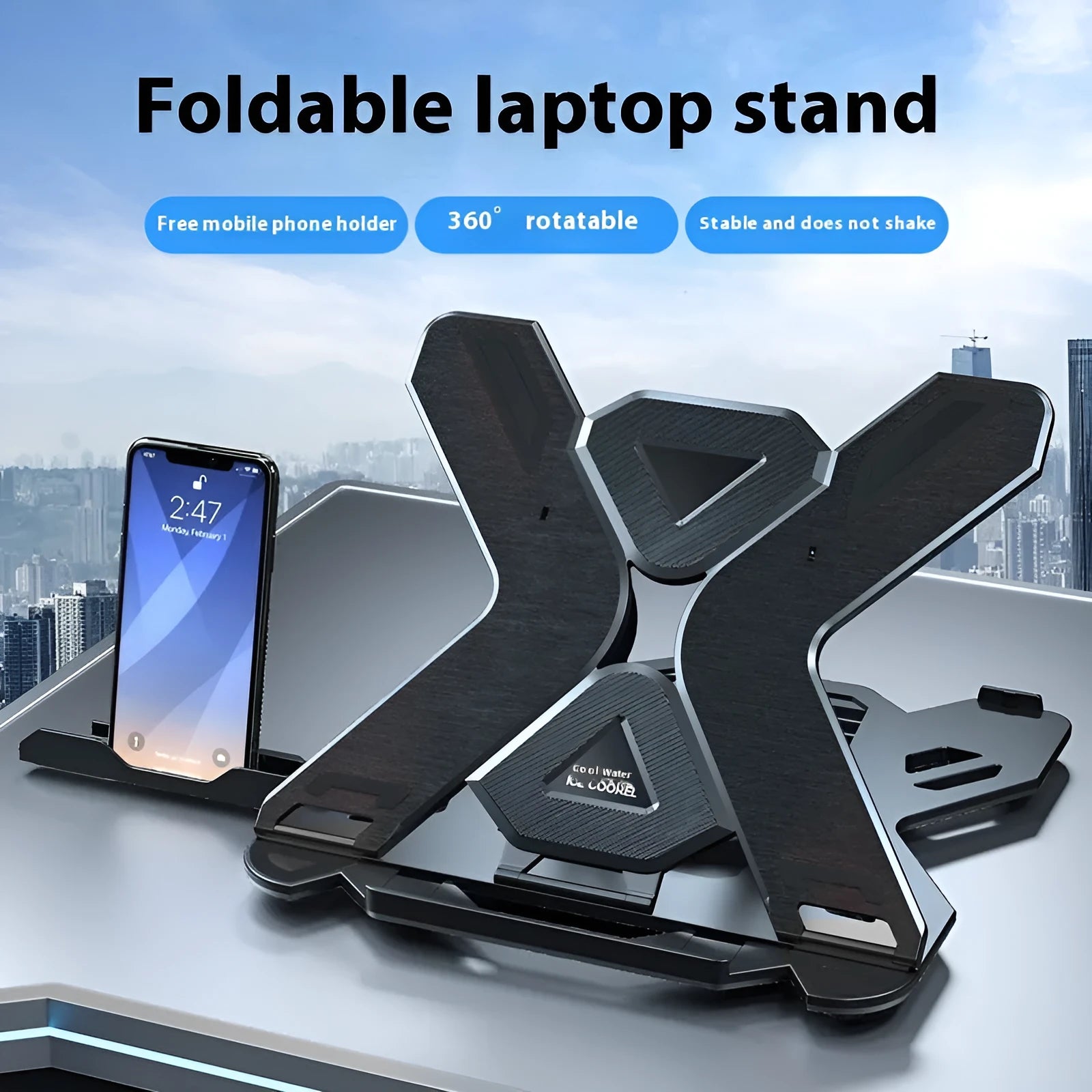Black ABS plastic laptop bracket stand showing 22mm clearance height and 300mm width