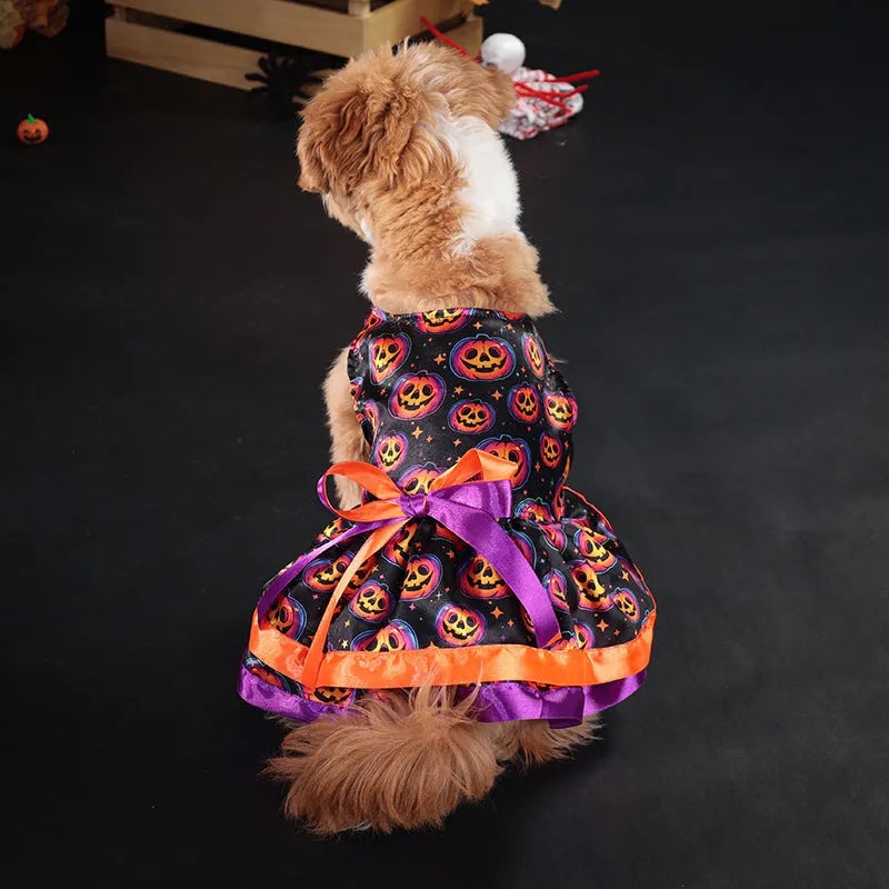Colourful Halloween dog skirt with pumpkin or skull design, double-layer polyester construction