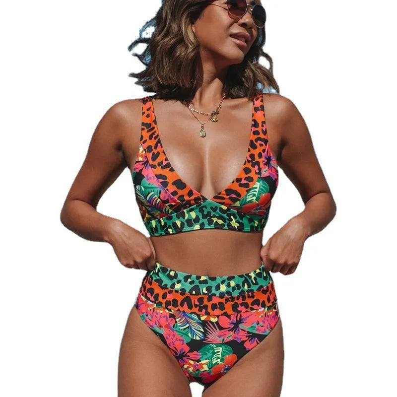 Women's high waist floral print bikini swimsuit set on a white background.