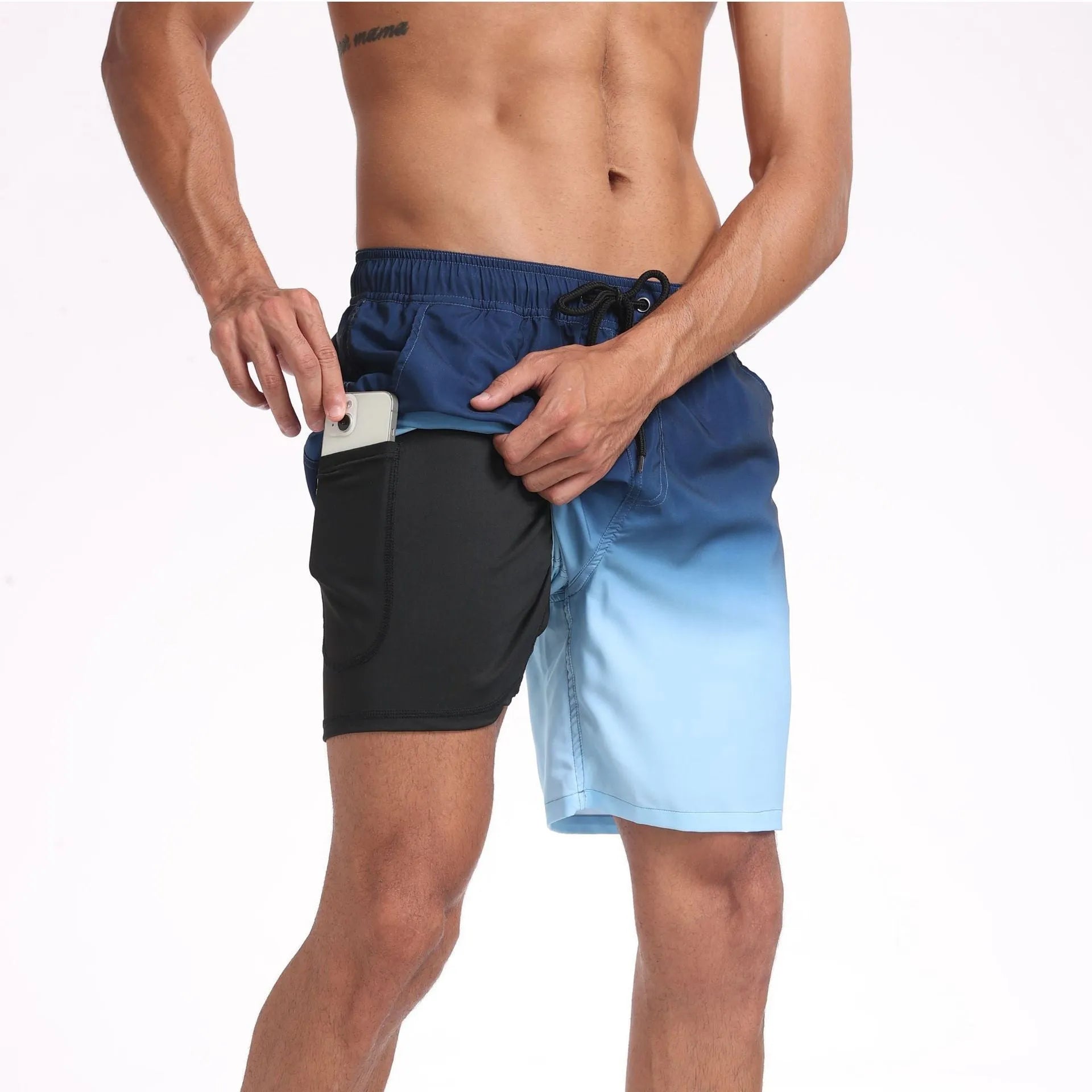 Men's summer shorts in striped pattern, elastic waistband, polyester fabric, available in sizes S to 5XL
