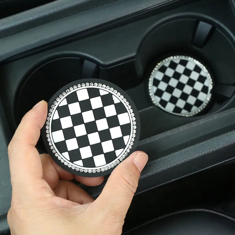 PVC car cup holder mat coaster in black and white checkerboard pattern for interior protection