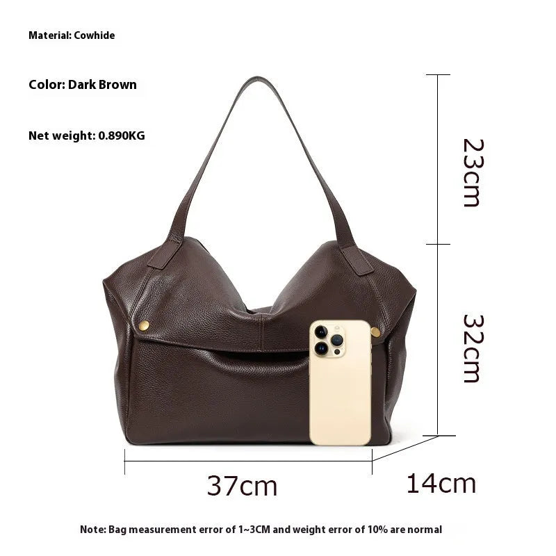 Brown genuine leather women's commuter shoulder bag showing horizontal square design and shoulder strap